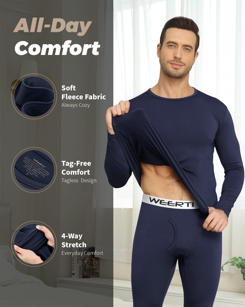 WEERTI Thermal Underwear for Men Long Johns with Fleece Lined Base Layer Men Cold Weather Top Bottom Navy - Image 2